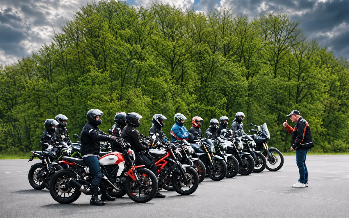 Motorradfahrer bei einem dynamischen Sicherheitstraining für Fahrlehrer